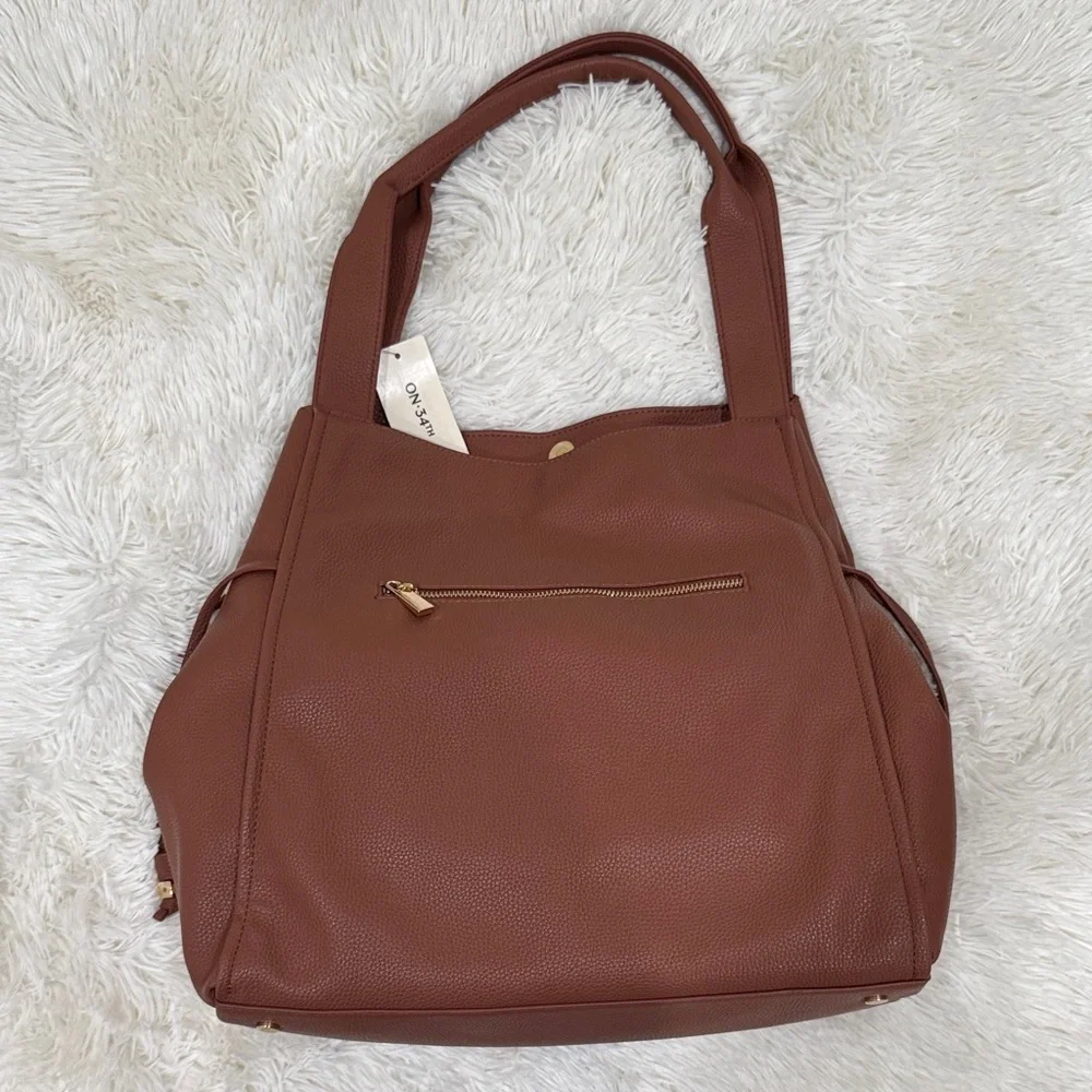 On 34th Tan Leather Tote Bag with Zip Pouch